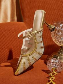 CUCCOO TILAWA 女士优雅法式尖头穆勒鞋，精细网面设计，透气舒适，休闲时尚，一脚蹬高跟鞋 - 金色 - 查看 6