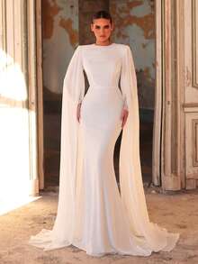 Aureia Elegant And Glamorous White Sequined Lace Trim, Stretchy Padded Knit, Round Neck, Wide Shoulders, Flowing Sleeves, Mermaid Dress With Train. Suitable For Weddings, Bridal Gowns, Formal Occasions, And Wedding Dresses., Valentine's Day - White - View 5