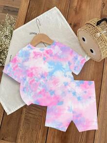 1 Set Baby Girls' Fashionable & Cute Cartoon K-POP Girl Pattern Tie-Dye Print Short Sleeve Crew Neck T-Shirt And Shorts Set, Suitable For Casual And Outdoor Wear - Multicolor - View 2