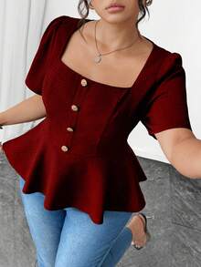 Elenzga 夏季纯色金属扣方领短袖休闲上衣 - 酒紅色 - 查看 3