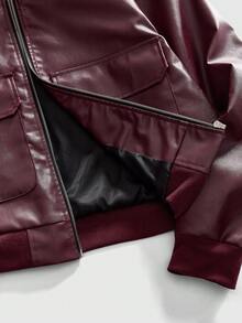 ROMWE MEN Street Life Spring Casual Graphic Men'S Solid Color Pu Leather Zip Front Utility Pocket Casual Jacket - Burgundy - View 6