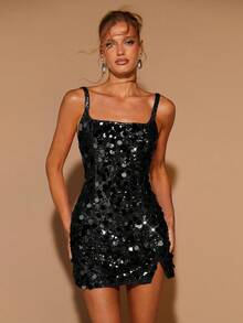 COSMINA 女士方领开衩吊带连衣裙，魅力派对礼服，鸡尾酒会礼服，晚宴礼服，亮片连衣裙，约会礼服，圣诞派对礼服，圣诞节礼服，新年礼服，迷你连衣裙，情人节礼服 - 黑色 - 查看 1