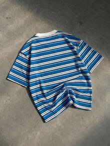 SWAVVY 男士休闲撞色条纹短袖Polo衫，夏季街头风男士复古衬衫蓝色条纹衬衫橄榄球衫Polo衫男士复古衬衫巴哈马衬衫 - 藍色 - 查看 2