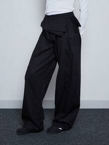 COUREZ 宽松低腰修身长裤，纽扣前襟配腰带细节 / Y2K 冬季女装休闲裤工作装外出下装上衣派对新年 - 黑色 - 查看 7