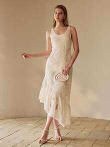 MOTF PREMIUM ELEGANT ROMANTIC ASYMMETRICAL RUFFLE HEM DRESS, TIE BACKLESS CINCHED WAIST DRESS FOR WOMEN - Apricot - View 4