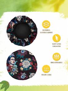Frida Kahlo X SHEIN 双层升级版护发帽，宽弹力缎面睡眠帽，柔软舒适，适合日常居家和睡眠佩戴，黑色花卉印花，夏季穿搭，春季穿搭，海滩度假，花朵图案