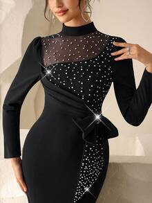 Coutiva Women's Mandarin Collar Rhinestone 3D Bow Decor Pleated Elegant Formal Mermaid Evening Dress Elegant Black Dresses For Women Long Sleeve Elegant Dress Rhinestone Dress Luxury Dress For Women Diamond Dress - Black - View 4