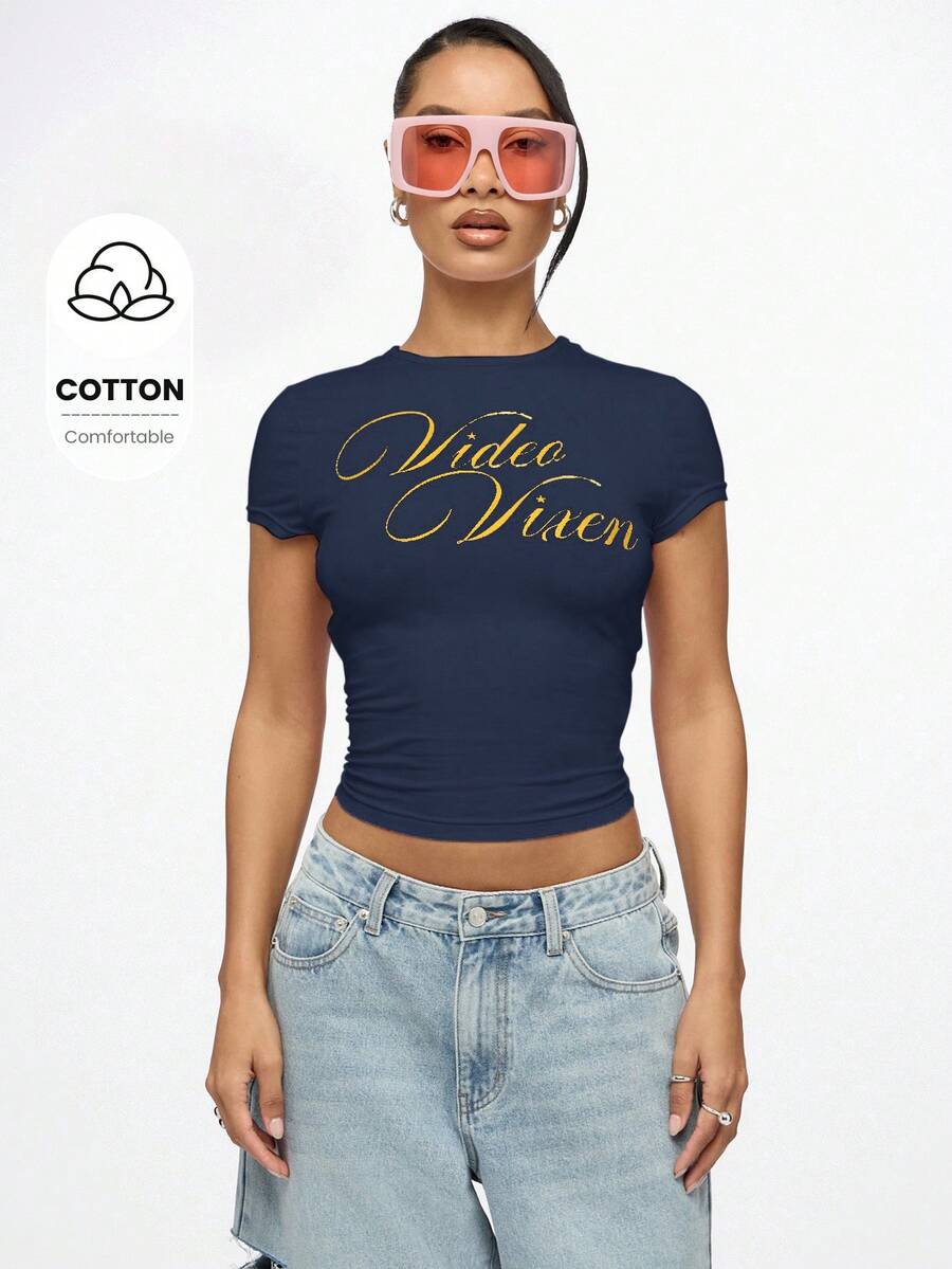 SUMWON WOMEN Video Vixen Graphic Baby Tee Crop Top Short Sleeve Cotton Casual Everyday Fitted Script Print Lettering - Navy Blue - View 1