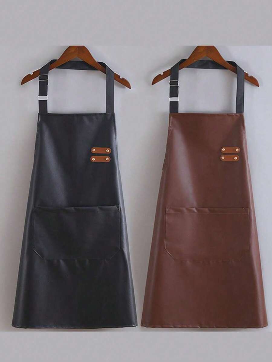 防水防污PU围裙，耐用厨房工作服，仿皮围裙，适用于水务工人、理发师和餐饮从业人员，现代简约腰部设计 - 黑色 - 查看 1