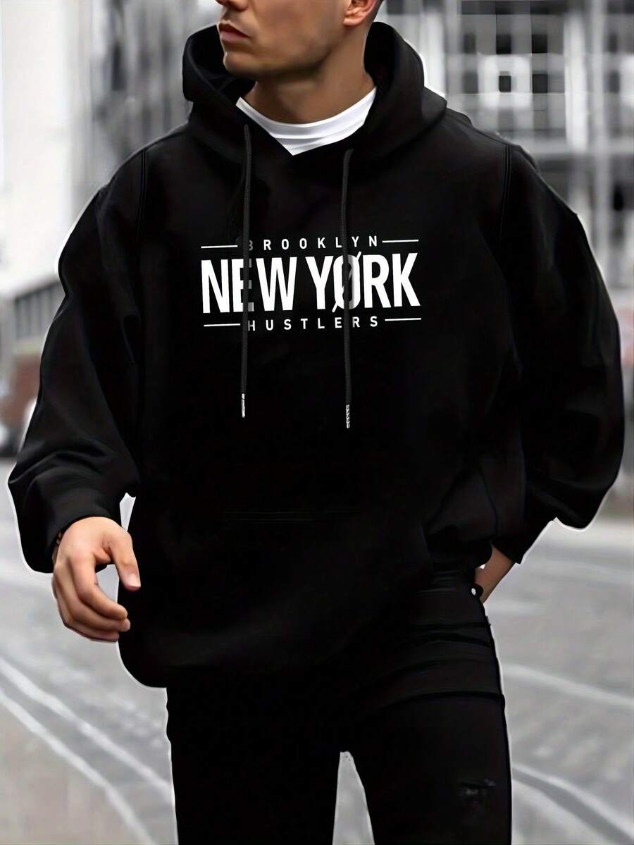 Men's long-sleeved hooded sweatshirt for autumn and winter, fashionable and versatile casual basic hoodie - Negro - Ver 1