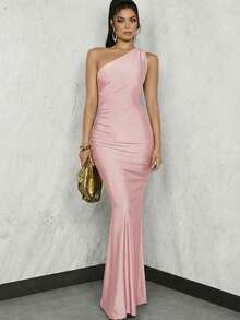 Glamine Wedding Guest Summer Elegant One Shoulder Asymmetrical Pleated High Waist Long Dress Women's Dress Maxi Women Outfit - Baby Pink - View 6