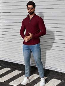 Manfinity CasualCool Áo thun dài tay có khóa kéo, màu trơn, kiểu dáng tối giản, dành cho nam giới cỡ lớn - Màu Đỏ Sâu - Xem 4
