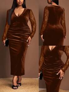 Veslaya Plus Size Women Contrast Lace V-Neck Ruched Fitted Elegant Dress, Long Sleeve - Brown - View 9
