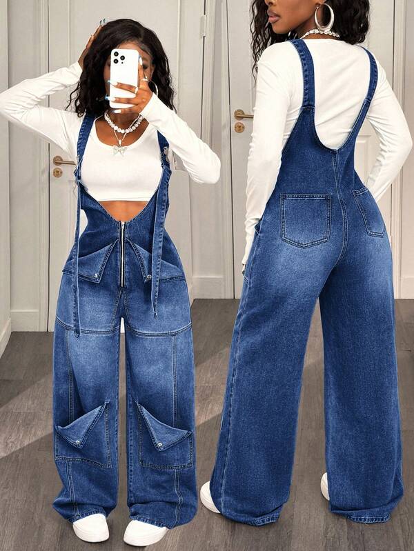 Slaydiva Women's Denim Overalls,Loose Straight Light Blue Jumpsuits For Summer,Streetwear City Break Fall Winter Clothes,Halloween Goth Alternative Y2K Fashion