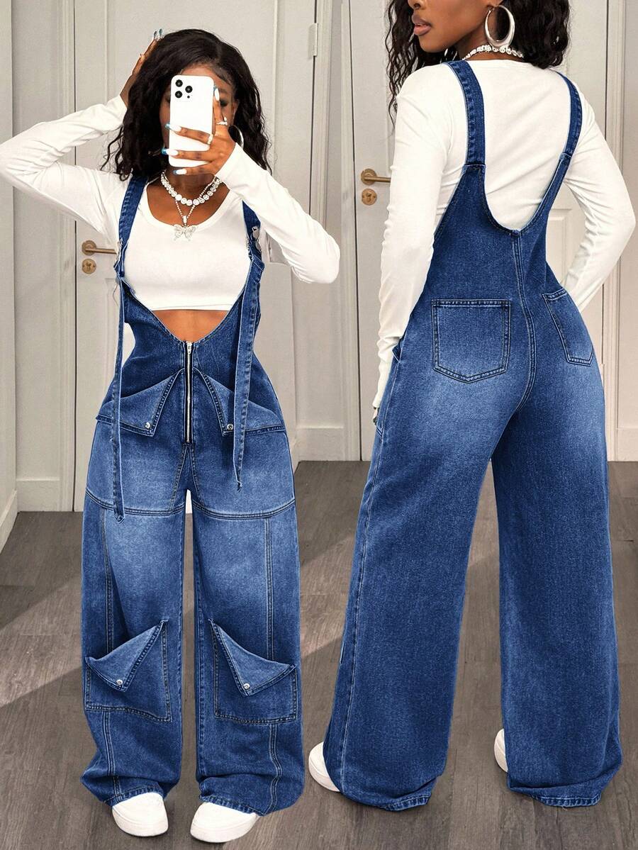 Slaydiva 女士牛仔背带裤和连体裤 宽松直筒背带裤 浅蓝色牛仔连体裤 秋季女装 冬季服装 万圣节哥特另类Y2K时尚街头服饰 - 中等水洗藍 - 查看 1