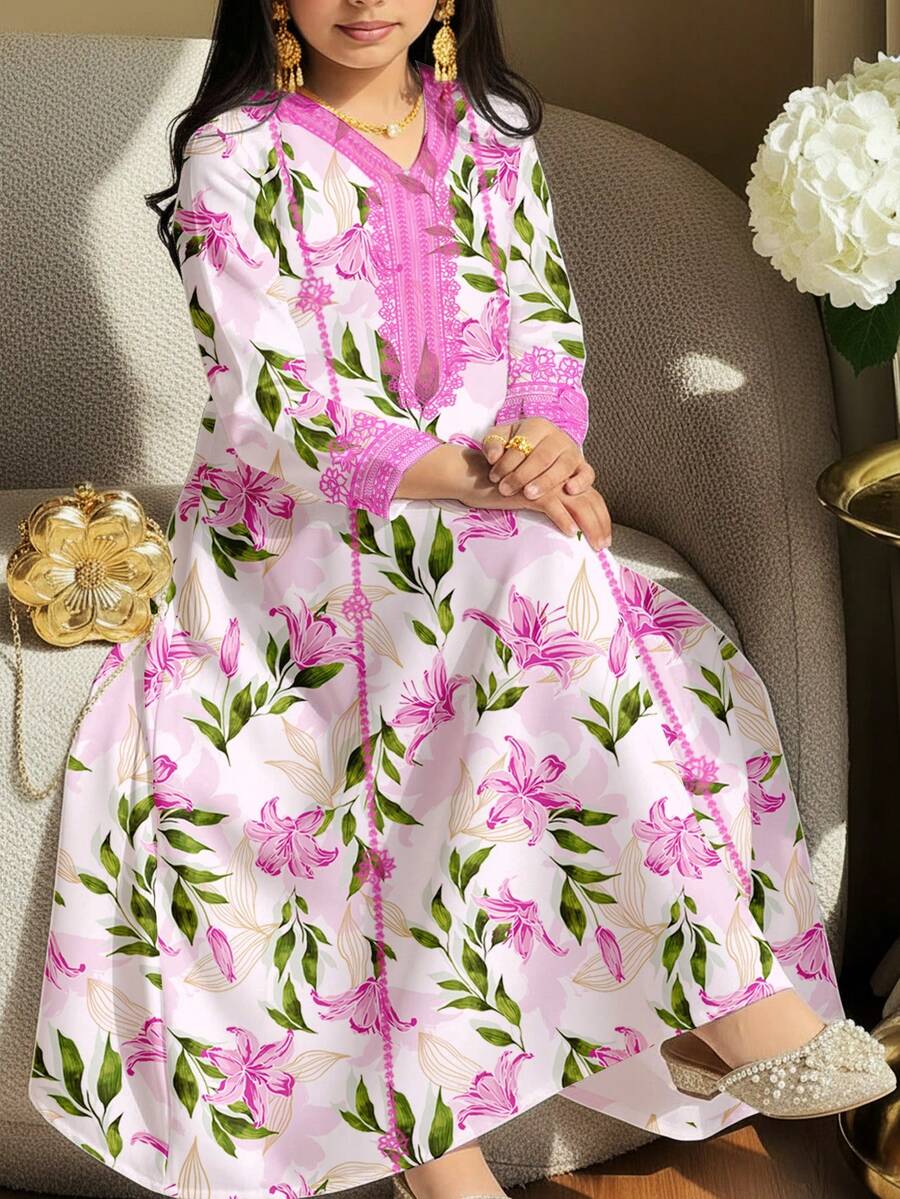 SHEIN Tween Girl Casual Elegant Floral Print Dress, Suitable For Spring/Summer - Multicolor - View 1