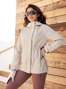 OutZeal Women Water-Resistant Hooded Drawstring Waist Zip Pocket Grey Outdoor Jacket Daily Casual - Apricot - View 10