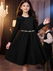 Glamorique Kids 女童优雅节日连衣裙，圆领3D立体花朵串珠圣诞节和万圣节服装，红色 - 黑色 - 查看 1