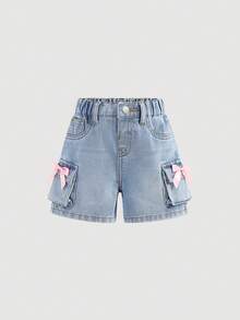 SHEIN Baby Girl Y2k Blue Denim Loose Cargo Shorts, Spring And Summer Casual Vacation Country Boho Wear, Beach Middle Shorts For, Western Street Wear For Spring Break, Rave Festival Denim Shorts - Light Wash - View 6