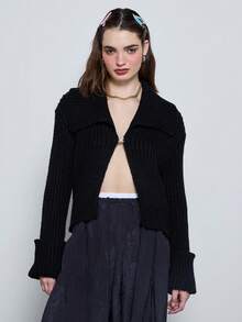 COUREZ Áo khoác cardigan ôm dáng, có khóa cài và cổ áo rộng / Trang phục mùa đông Y2K cho nữ, áo len dệt kim mềm mại ấm áp, áo kiểu thường ngày cho nữ, áo đi chơi, dự tiệc, đón năm mới. - màu đen - Xem 6