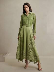 Anewsta 2pcs/Set Women's Green Lace Blouse Top And Satin Skirt, Spring New Elegant Mother's Day Outfit - Green - View 7