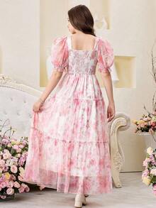 SHEIN 少女碎花雪纺泡泡袖优雅连衣裙 - 粉色 - 查看 2