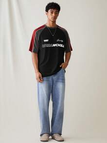 SWAVVY Camiseta de manga corta casual y holgada con estampado de parches y patrones para hombres jóvenes - Negro - Ver 2