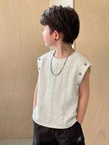 SHEIN 男童纹理圆领纽扣装饰休闲背心 - 白色 - 查看 7