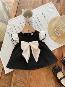 SHEIN LMoss Kids 可爱黑色蝴蝶结短袖上衣，夏季百搭，女宝宝款 - 黑色 - 查看 2