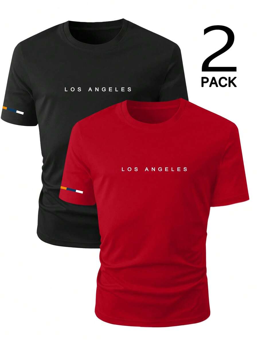 Manfinity Homme Men's Minimalist Printed Round Neck Short Sleeve T-Shirt 2pcs/Set - Red - View 1