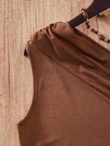 2pcs/Set Teen Girls Summer Asymmetric Shoulder Top And Shorts With Belt, Fashionable Commuter Outfit - Chocolate Brown - View 7