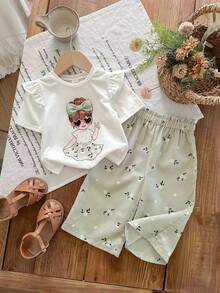 SHEIN 两件套女婴夏季可爱百搭短袖T恤套装，采用松紧腰设计，饰以通体花卉印花。适合生日派对、聚会、演出、婚礼、洗礼、学校典礼和郊游等场合。 - 白色 - 查看 5