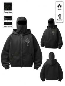Manfinity EMRG 男士黑色哥特十字架水钻印花全拉链拉法帽连帽衫 | 闪亮水钻胸前图案保暖保暖连帽外套 | 暗黑美学朋克风面罩连帽衫 | Y2K街头嘻哈Grunge风双拉链长袖上衣 | 宗教信仰符号超大落肩外套 | 柔软加厚冬季男士双层拉链连帽衫卫衣，秋冬连帽衫外套图案连帽衫拉链动漫连帽衫男士街头风拉链衫 - 黑色 - 查看 2