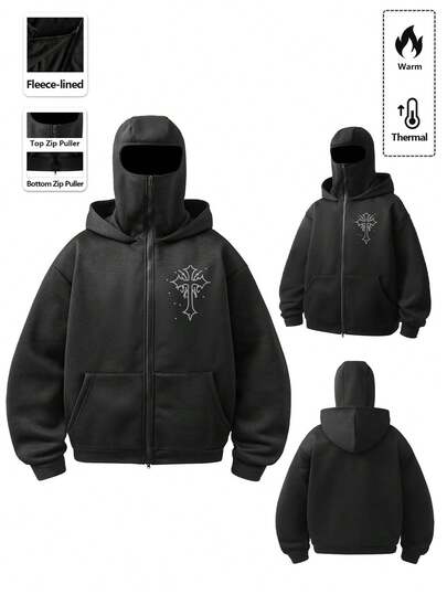 Manfinity EMRG 男士黑色哥特十字架水钻印花全拉链拉法帽连帽衫 | 闪亮水钻胸前图案保暖保暖连帽外套 | 暗黑美学朋克风面罩连帽衫 | Y2K街头嘻哈Grunge风双拉链长袖上衣 | 宗教信仰符号超大落肩外套 | 柔软加厚冬季男士双层拉链连帽衫卫衣，秋冬连帽衫外套图案连帽衫拉链动漫连帽衫男士街头风拉链衫