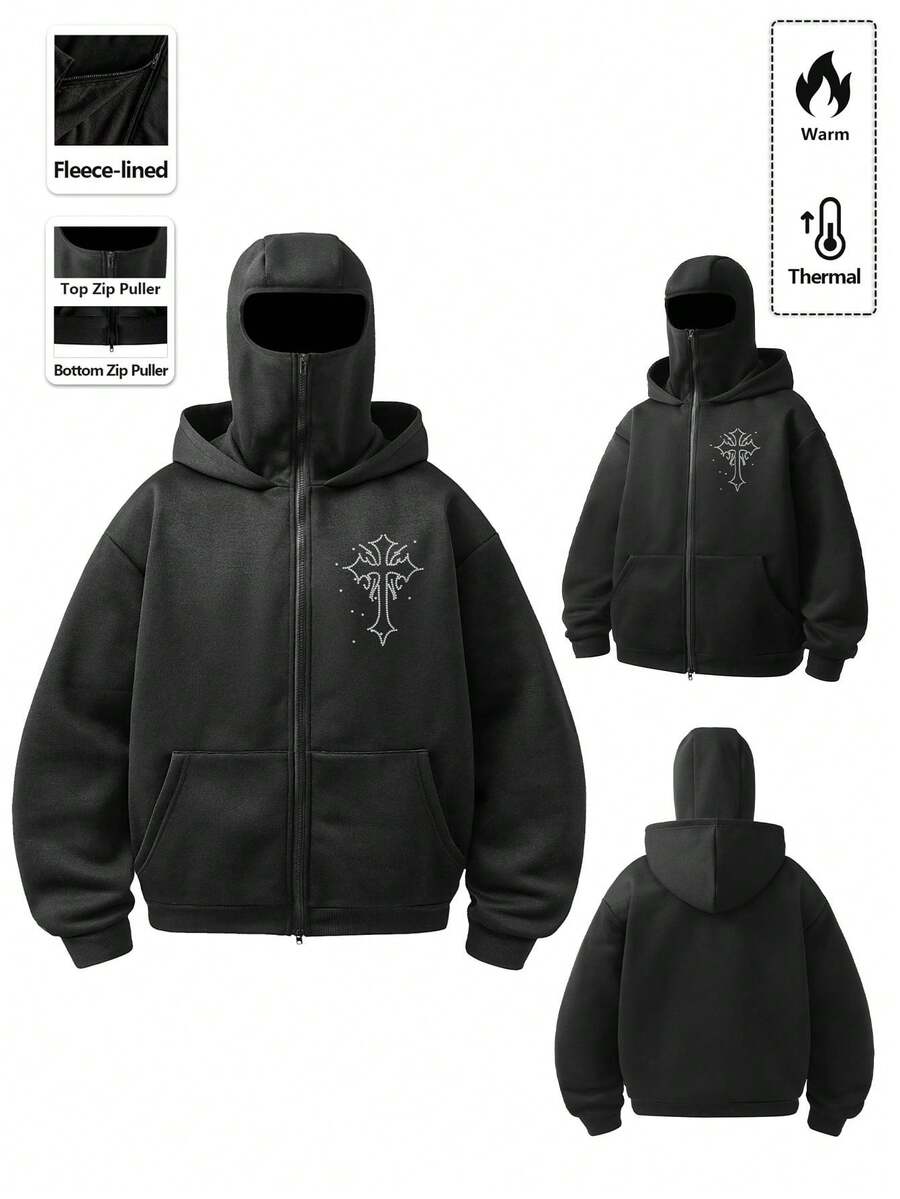 Manfinity EMRG 男士黑色哥特十字架水钻印花全拉链拉法帽连帽衫 | 闪亮水钻胸前图案保暖保暖连帽外套 | 暗黑美学朋克风面罩连帽衫 | Y2K街头嘻哈Grunge风双拉链长袖上衣 | 宗教信仰符号超大落肩外套 | 柔软加厚冬季男士双层拉链连帽衫卫衣，秋冬连帽衫外套图案连帽衫拉链动漫连帽衫男士街头风拉链衫