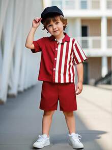 SHEIN Genkimix Kids 2件套男童条纹前开襟休闲短袖衬衫，夏季 - 酒紅色 - 查看 6