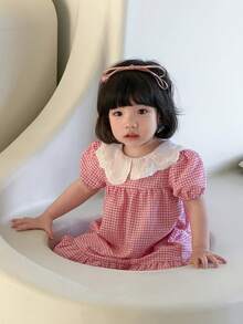 1pc Baby Girls' Summer Pink Checkered Puff Sleeve Dress,Delicate White Embroidered Collar,Loose Fit Ruched Hem,Sweet Cute Pastoral Picnic Dress,2025 - Pink - View 9