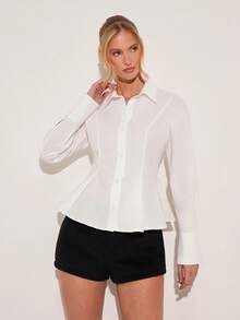 COSMINA Women's Casual Solid Color Button-Up Shirt, A-Line Hem Blouse, Elegant Office Wear, Suitable For Work, Fashion Versatile Piece, Suitable For Daily Wear, White Long Sleeve Shirt - White - View 5