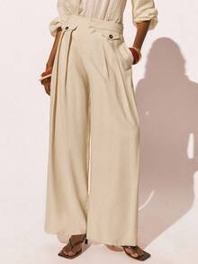 Poéselle Pantalones anchos de cintura alta con pliegues para mujer, pantalones palazzo de corte elegante en un suave beige neutro, pantalones anchos con pliegues, pantalones palazzo de cintura alta, pantalones de trabajo beige, pantalones de mezcla de lino, armario cápsula minimalista, estética neutra, estilo de oficina elegante pantalones anchos de unicolor casual - Albaricoque - Ver 2