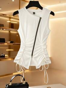 Franclia 女士白色时尚腰部收褶系带拉链装饰松紧侧腰收褶系带女士背心，适合冬季、新年、跨年夜、派对、海滩、优雅、休闲、浪漫、情人节、约会、夏季、2026夏季女士沙滩比基尼、夏季上衣、毕业季服装、时尚休闲通勤装、商务办公装、百搭时尚日常休闲装、都市教师职业装。 - 白色 - 查看 3