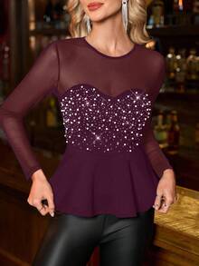 SHEIN Clasi 女士水钻珍珠网纱拼接长袖T恤，奢华闪亮，适合派对、聚会、圣诞节、新年等场合 - 中紫紅色 - 查看 6