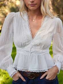 WESTFADE Crepe Woven V Neck Button Front Lace Trim Ruffle Peplum Fit & Flare Long Sleeve Flyaway Top Winter, Spring, Resort, Valentine's Day, Casual, Cute, Boho, Western Wear For Women, Nashville, Vacation, Country Concert, Cute Top - White - View 6