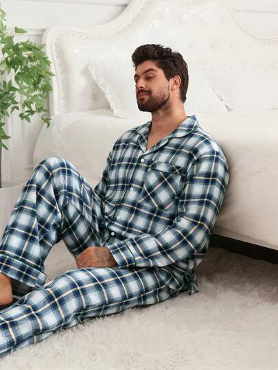 DAZY סט פיג'מה לגברים בסגנון חג המולד, חולצת משבצות אדומה וסט פיג'מה כחול משבצות, סתיו