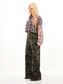 SUMWON Plus Size Studded Plaid Patchwork Button Down Shirt Long Sleeve Collared Cropped Blouse Festival Fall - Multicolor - View 3