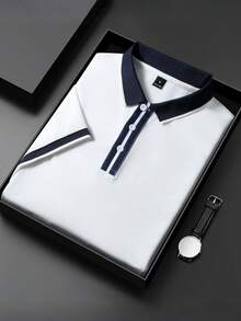 Manfinity Bizformal 男士时尚休闲通勤纽扣 Polo 衫 男士 Polo 衫 男士翻领 Polo 衫 男士短袖 Polo 衫 男士翻领衬衫 - 白色 - 查看 1