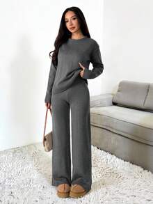 SHEIN PETITE Women Solid Color Crew Neck Long Sleeve Sweater And Long Pants Casual Regular Outfit, Autumn/Winter - Grey - View 8