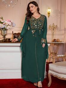 Al Najma 加大码新款花卉刺绣优雅奢华女士睡袍 - 墨綠色 - 查看 6