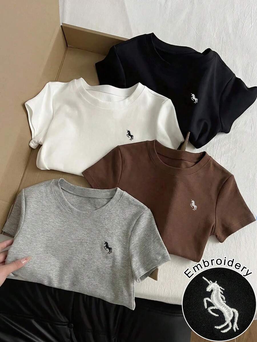 GlowEve 4pcs/Set Women's Solid Color Embroidered Round Neck Short Sleeve Fitted Cropped T-Shirt, Suitable For Daily Wear