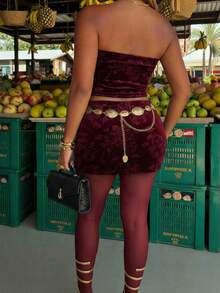 Slaydiva 2025 Sommer Neue Elegante Party, Alltag, Date, Arbeitsweg Verfeinerter Sexy Lässig Trägerloses Top Kombiniert Mit Kurzem Rock, Beflockter Beflockter Frauen 2-Teiliges Set - A - Bordeaux - Übersicht 3