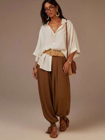 Athîral Women's Brown Casual Jogger Trousers, With Tie-Up Cuffs, Loose-Fitting Balloon Pants, Puff Trousers, Brown Satin Trousers, Comfortable And Soft Satin Fabric,Beach Outfits For Women,Casual Outfit For Women,Brown Pants,Casual Terno Outfit For Women,Elegant Dress Women